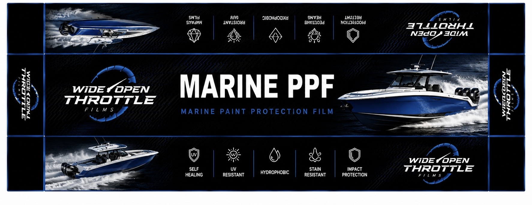 Rear view of the blue marine campaign boat underway.